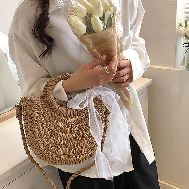 Bolsas de Palha Femininos Verão Feito à Mão Bolsa de Vime