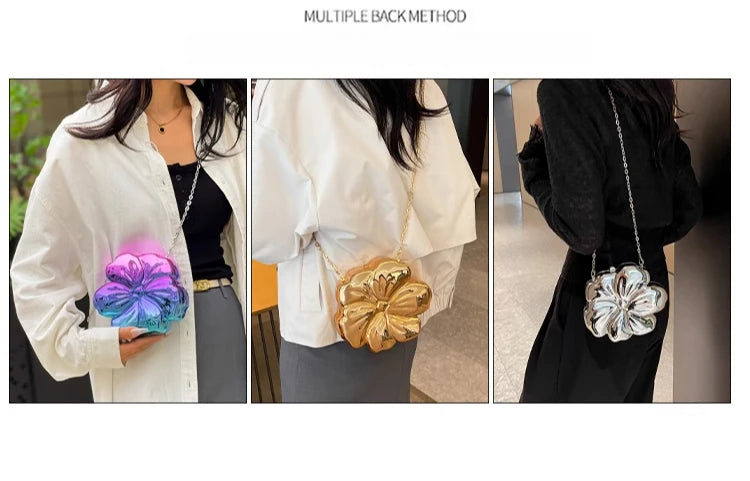 Bolsa de Ombro Feminina Metálica com Formato de Flor Acrílico