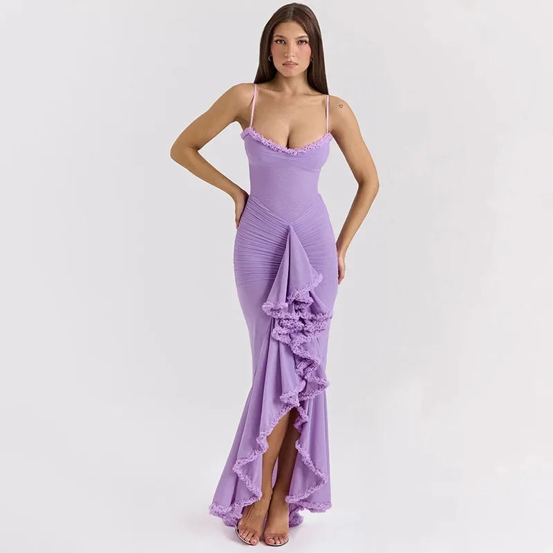 Vestido Longo Elegante, com alças Finas, Barra de Renda, Decote em V