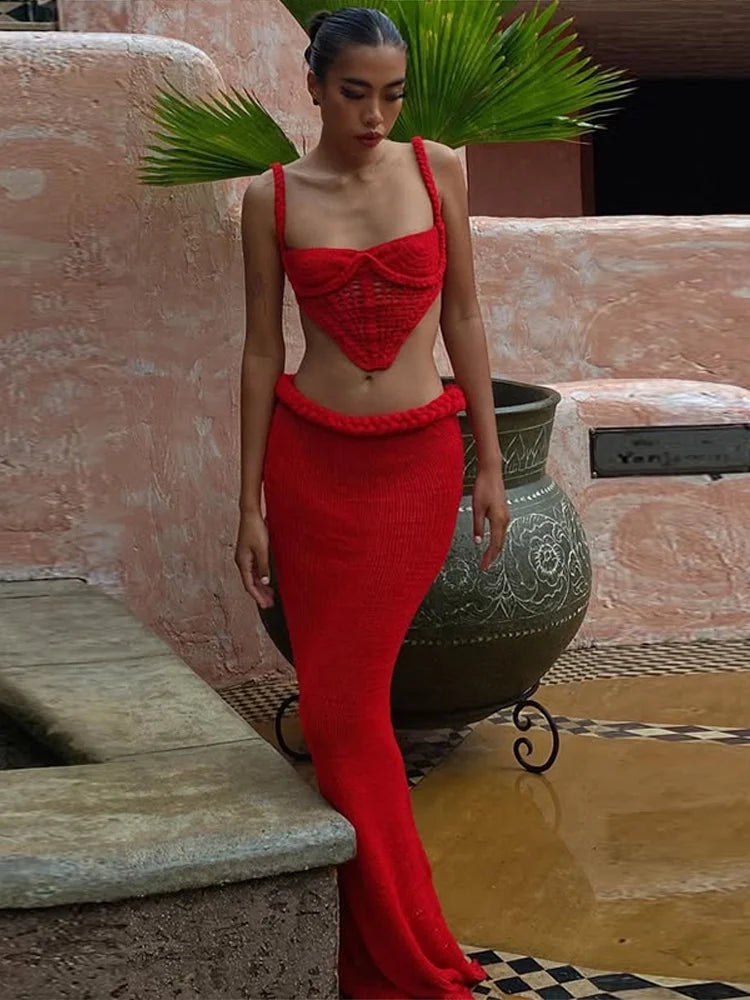 Conjunto de Praia, Top de Biquíni e Saia de Croché, Sexy, Sem Costas, Saia Longa