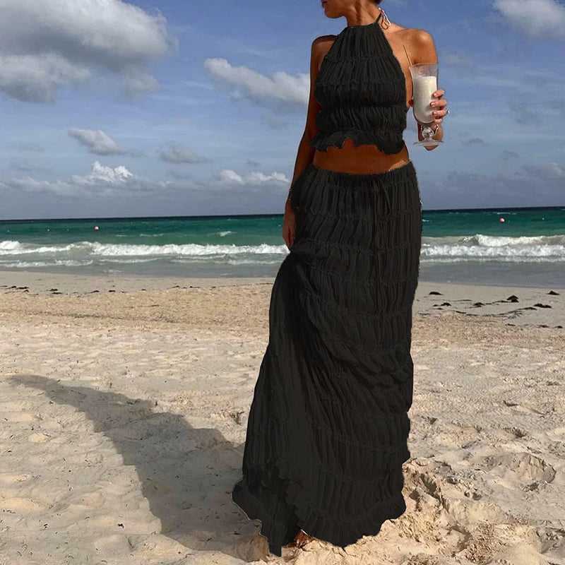 Conjunto 2 Peças, Sem Costas, Estilo Vintage, Top com Franzidos + Saia Longa Maxi