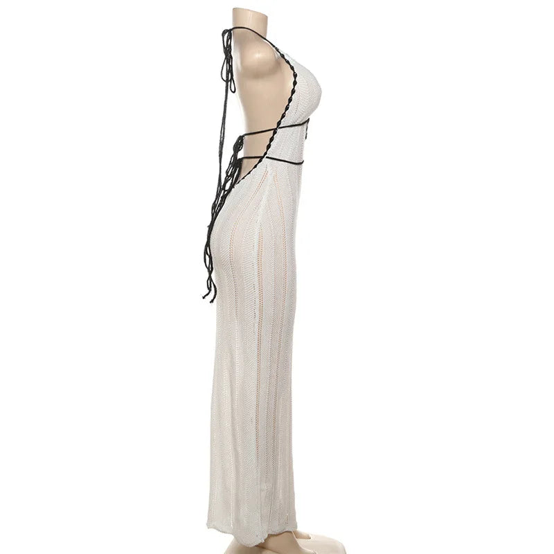 Vestido Longo, Estilo Praia Sexy, com Decote em V, Sem Mangas, Justo ao Corpo