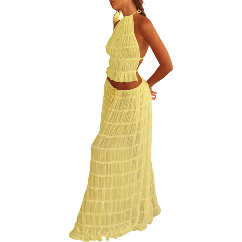 Conjunto 2 Peças, Sem Costas, Estilo Vintage, Top com Franzidos + Saia Longa Maxi