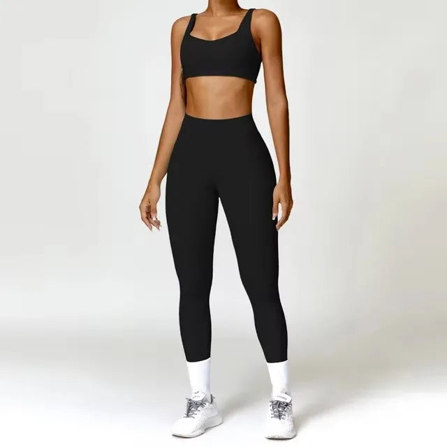Fato de Treino  2 Peças com Leggings de Ginásio, Top Curto de Manga Comprida