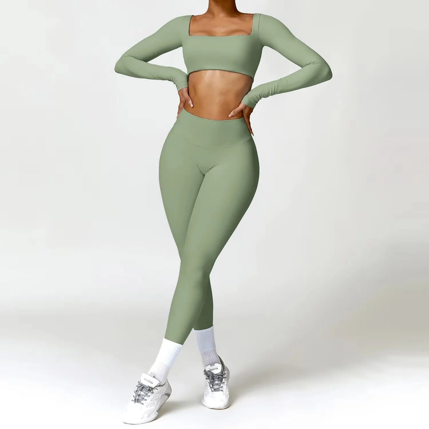 Fato de Treino  2 Peças com Leggings de Ginásio, Top Curto de Manga Comprida