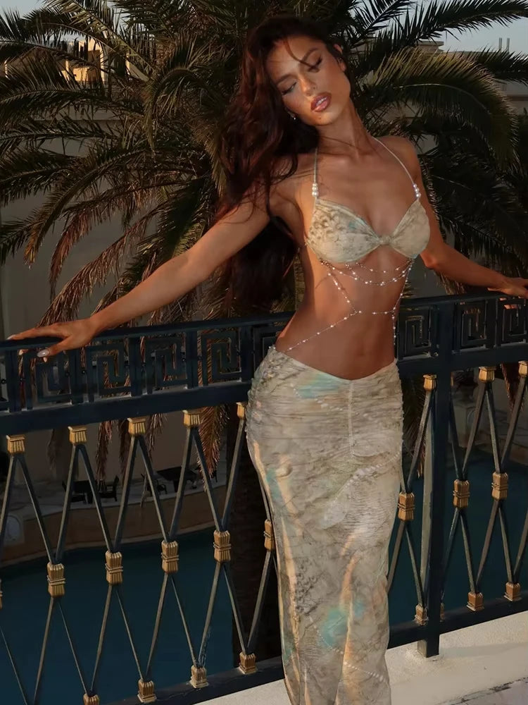 Vestido Sexy, Maxi Justo, Estilo Praia, Franzido Vazado