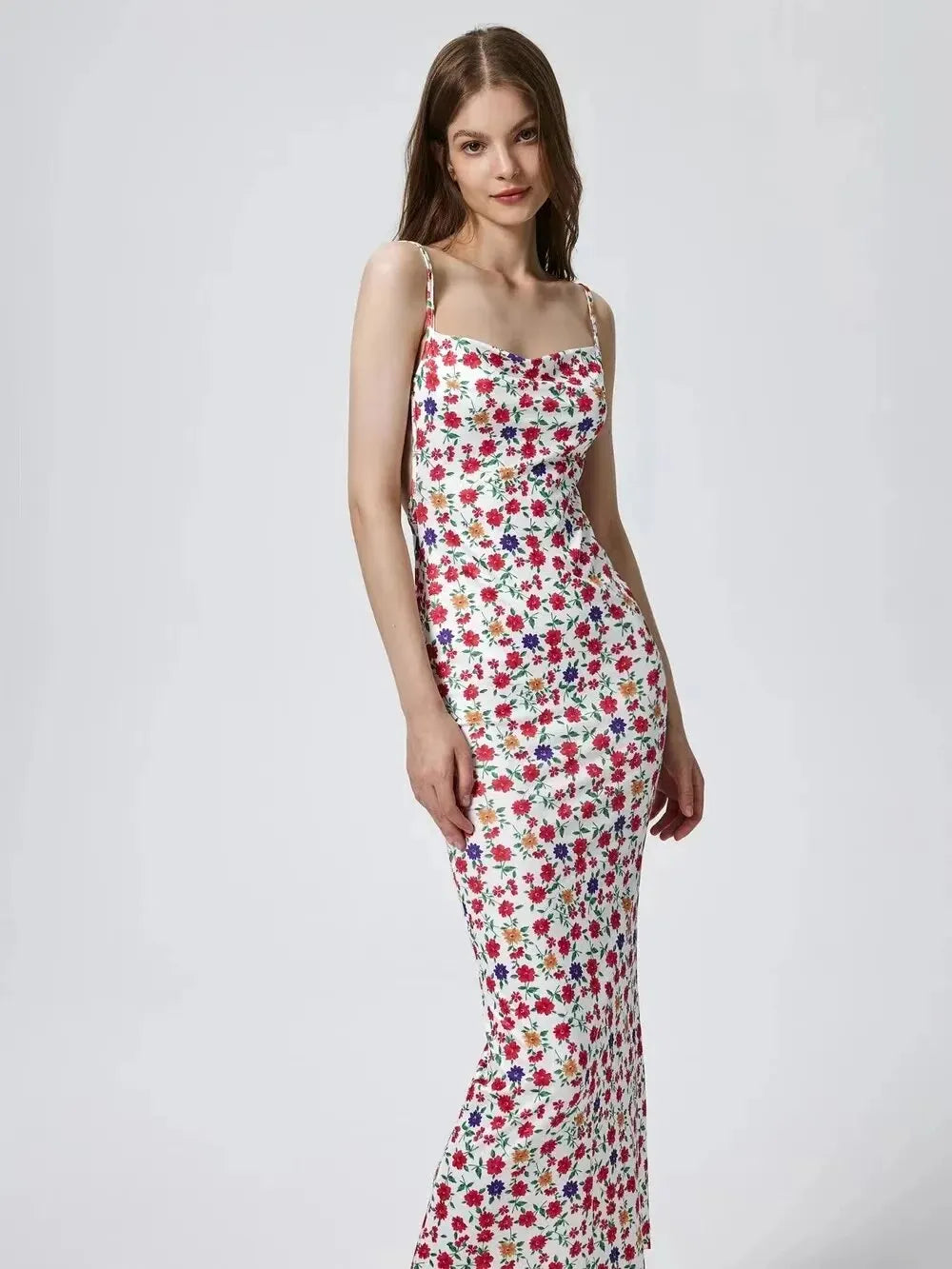 Vestido Longo Floral com Alças Finas, Sem Costas, Estilo Sexy