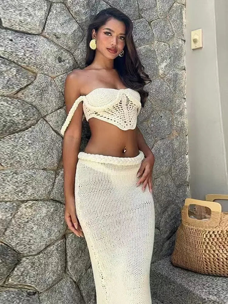 Conjunto de Praia, Top de Biquíni e Saia de Croché, Sexy, Sem Costas, Saia Longa