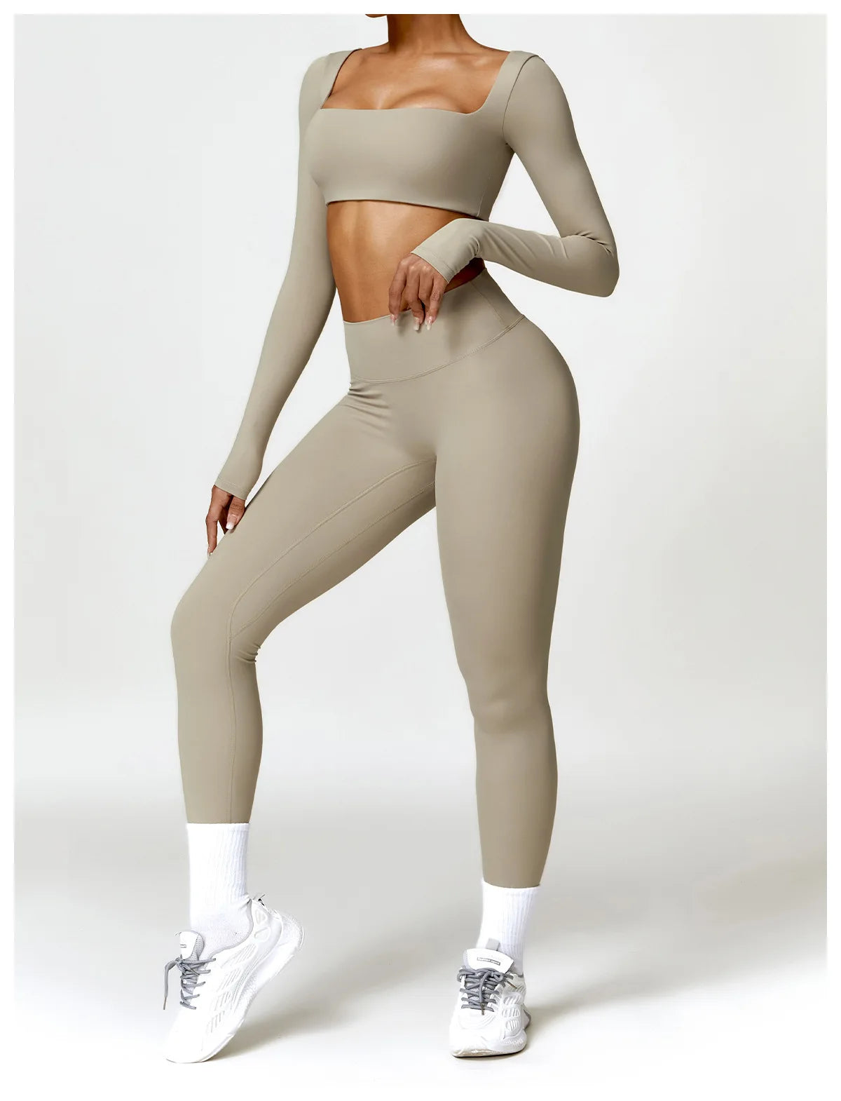 Fato de Treino  2 Peças com Leggings de Ginásio, Top Curto de Manga Comprida