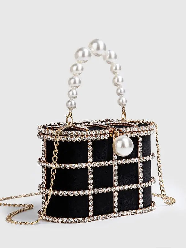 Carteira de Festa em Estilo Caixa com Strass com Alça de Pérolas