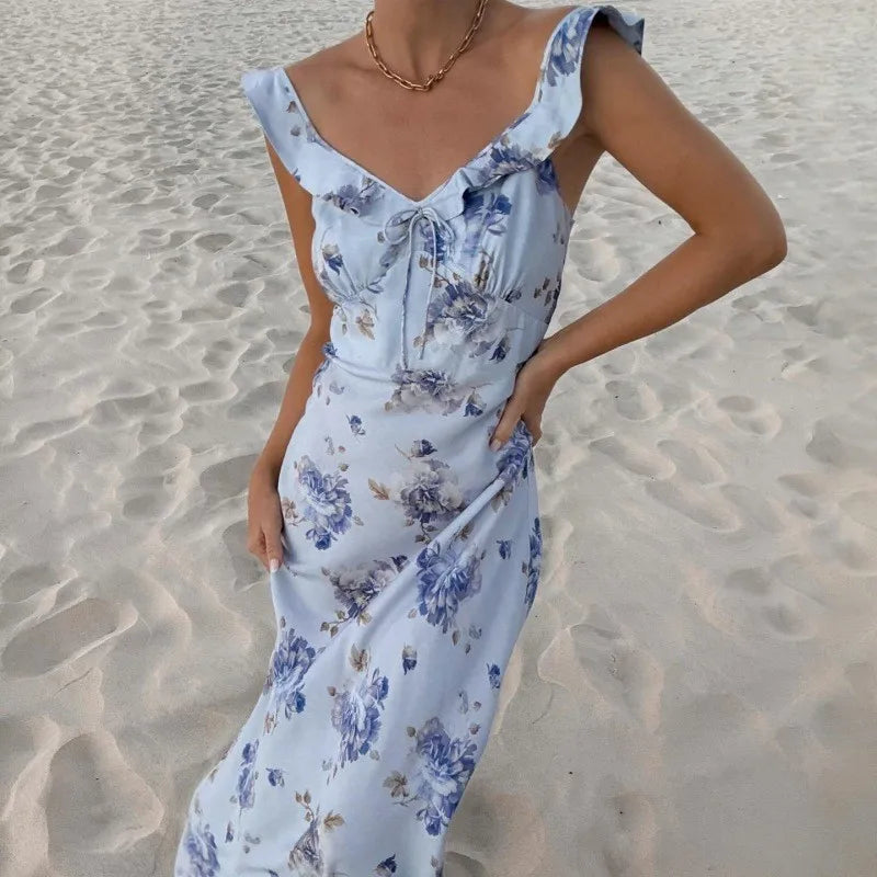 Vestido com Estampa Floral, Elegante, Decote Profundo em V, Sem Mangas, Sem Costas, Justo