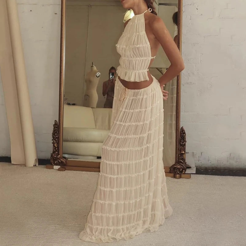 Conjunto 2 Peças, Sem Costas, Estilo Vintage, Top com Franzidos + Saia Longa Maxi