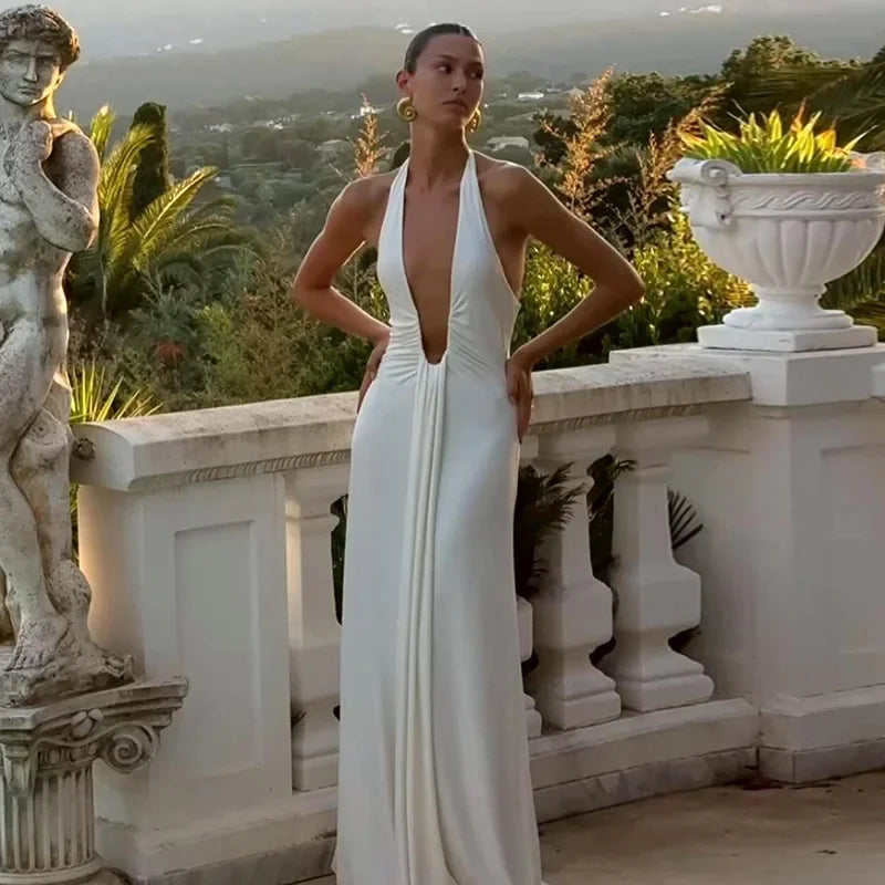 Vestido Longo Elegante e Sexy, Decote Profundo em V