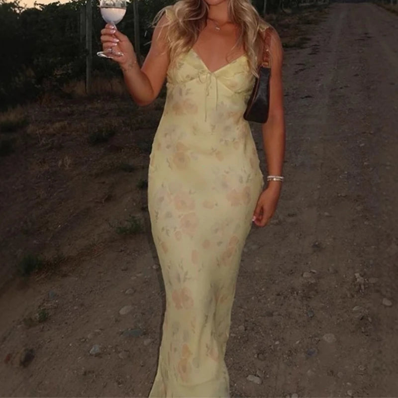 Vestido com Estampa Floral, Elegante, Decote Profundo em V, Sem Mangas, Sem Costas, Justo