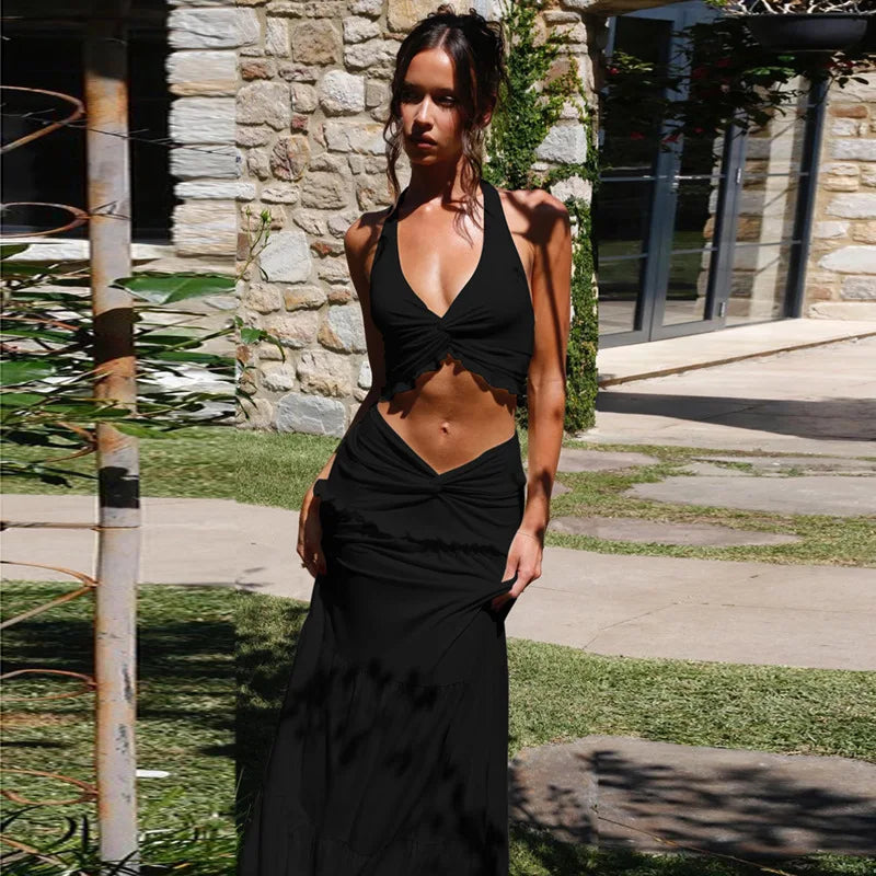 Conjunto Sexy de 2 Peças, Saia Lisa e Longa, Top Curto,Estilo Verão