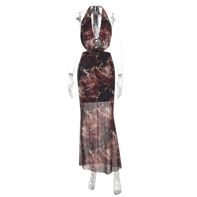 Vestido Estampado, Sexy, com Decote Profundo em V, Alças ao Pescoço