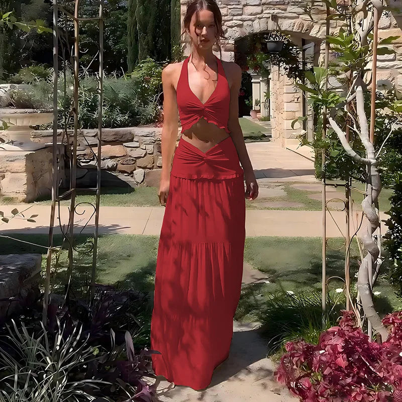 Conjunto Sexy de 2 Peças, Saia Lisa e Longa, Top Curto,Estilo Verão