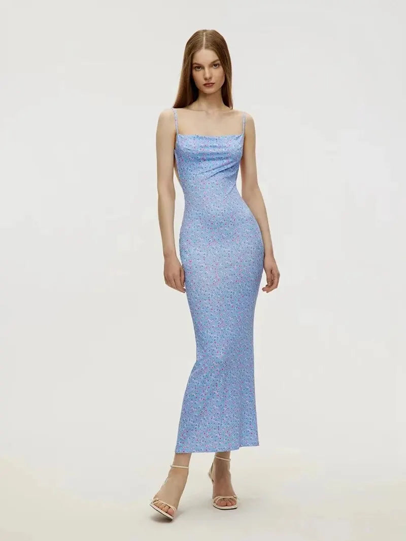 Vestido Longo Floral com Alças Finas, Sem Costas, Estilo Sexy