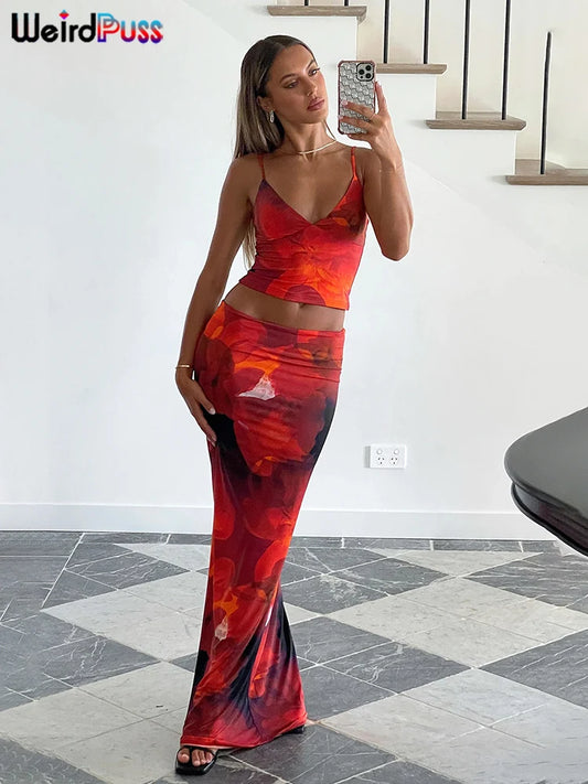 Conjunto de 2 Peças Florido, Estilo Praia, Elegante, Top com Decote em V + Saia Maxi