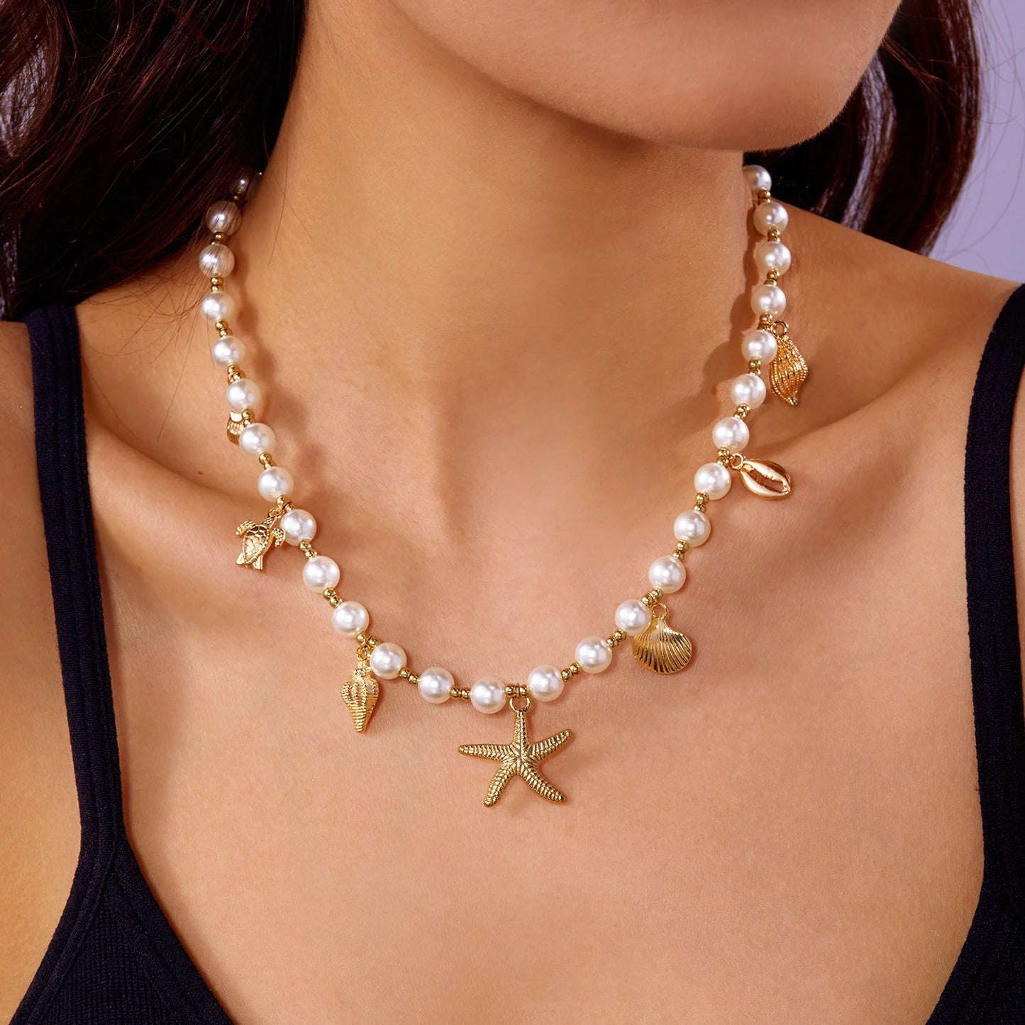 Colar com Pinguente de Concha com Pérola e Estrela-do-mar