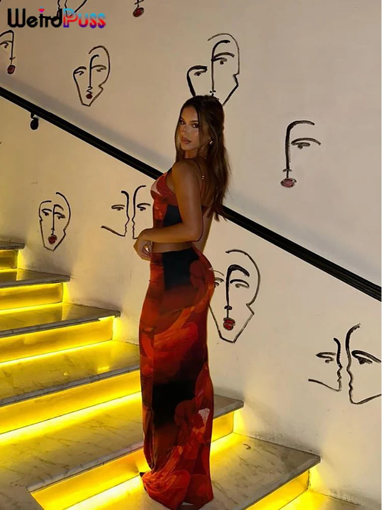 Conjunto de 2 Peças Florido, Estilo Praia, Elegante, Top com Decote em V + Saia Maxi