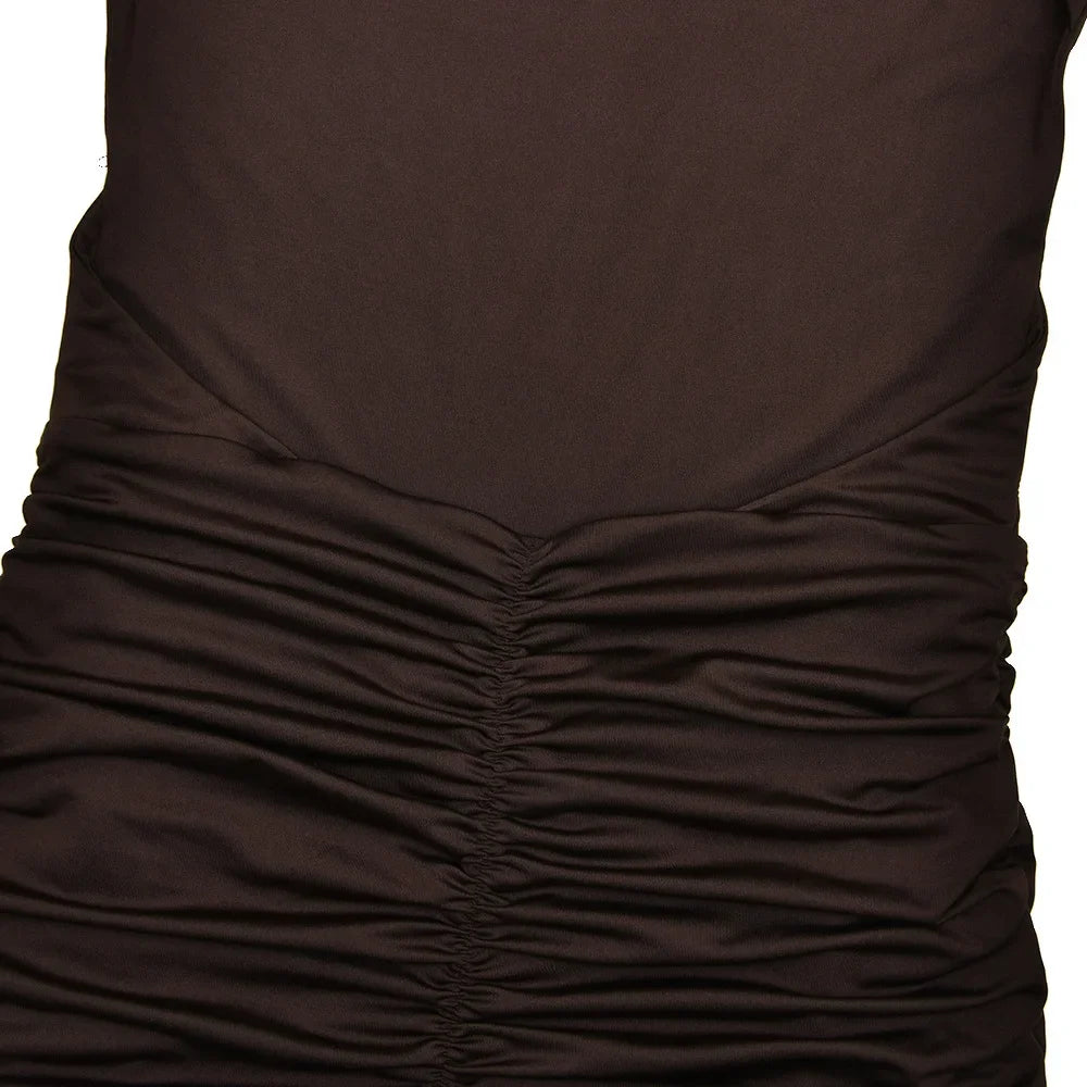 Vestido Longo (Maxi), Sem Costas, com Flores Metálicas e Franzidos (Ruched), Elegante