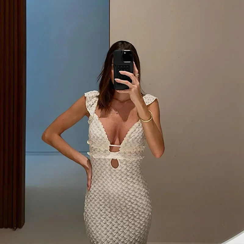 Vestido Longo Sexy , Decote Profundo em V, Sem Mangas, Transparente, Cintura Alta