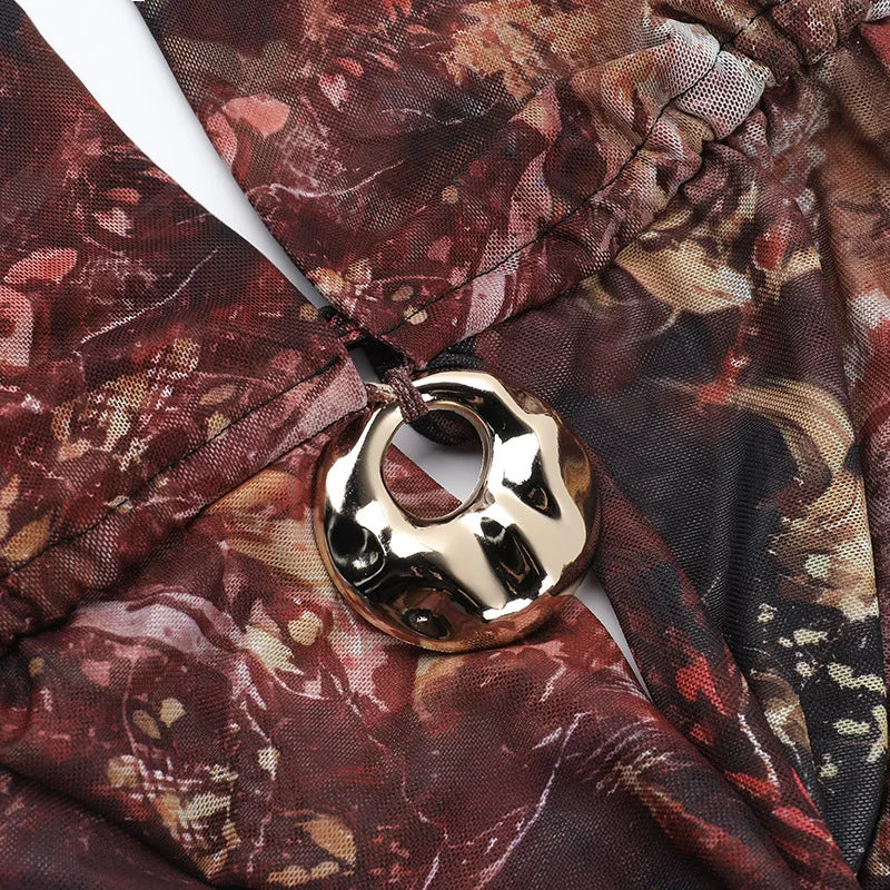 Vestido Estampado, Sexy, com Decote Profundo em V, Alças ao Pescoço