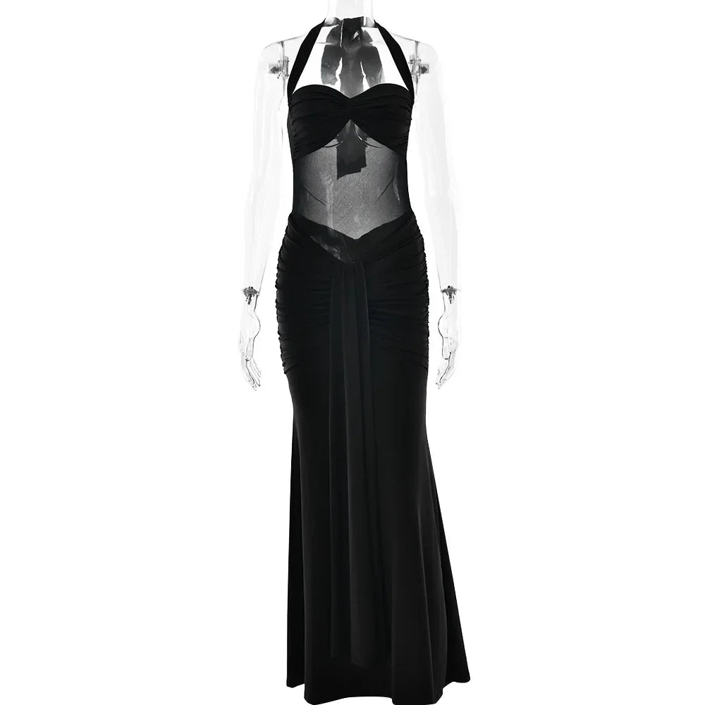 Vestido Sexy, Longo, Estilo Halter, Sem Costas, Justo ao Corpo