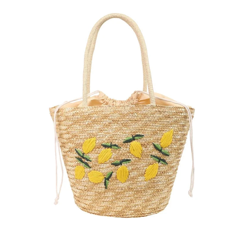 Bolsa de ombro de palha cor sólida com bordado de frutas