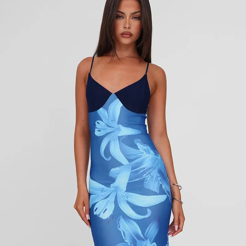 Vestido Longo, Justo ao Corpo, Elegante, Estampa Floral, Sem Mangas, Decote em V, Sem Costas