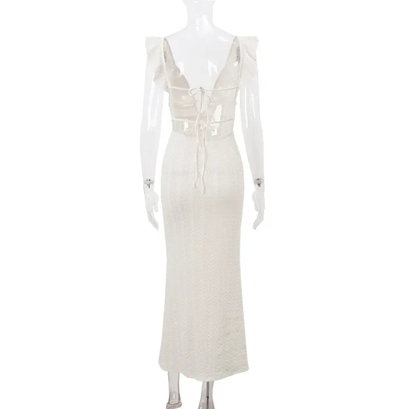 Vestido Longo Sexy , Decote Profundo em V, Sem Mangas, Transparente, Cintura Alta