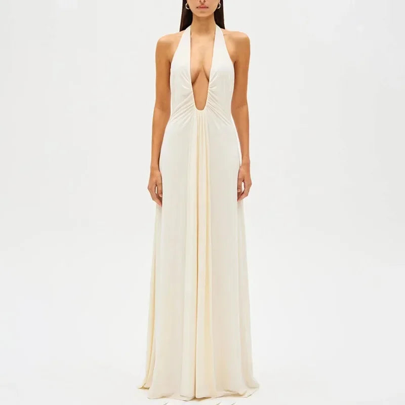 Vestido Longo Elegante e Sexy, Decote Profundo em V