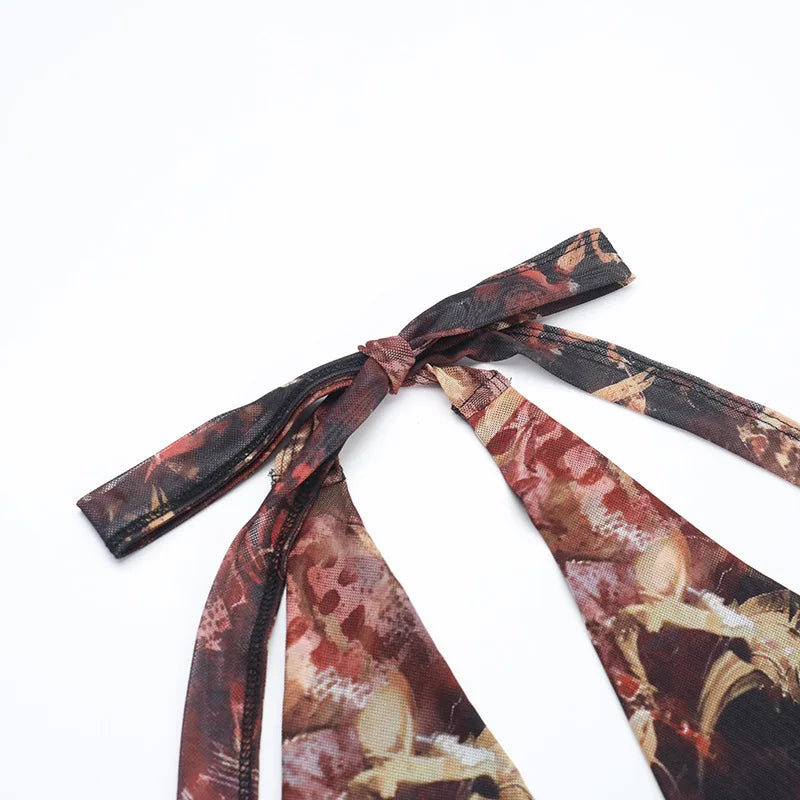 Vestido Estampado, Sexy, com Decote Profundo em V, Alças ao Pescoço