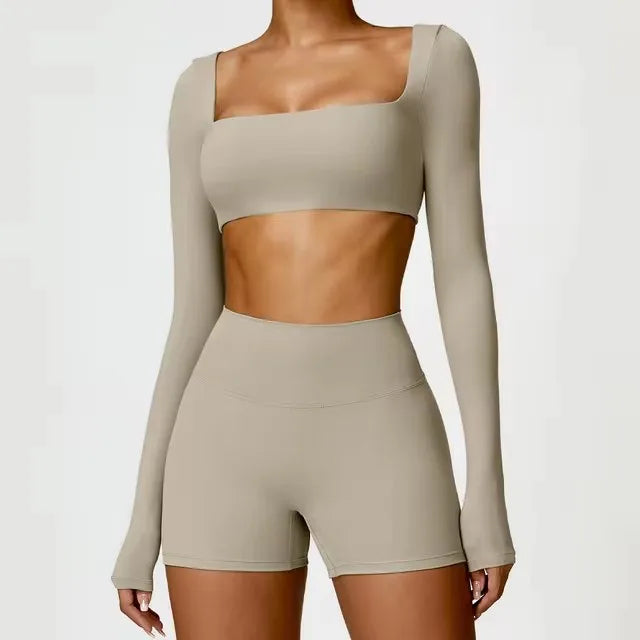Fato de Treino  2 Peças com Leggings de Ginásio, Top Curto de Manga Comprida