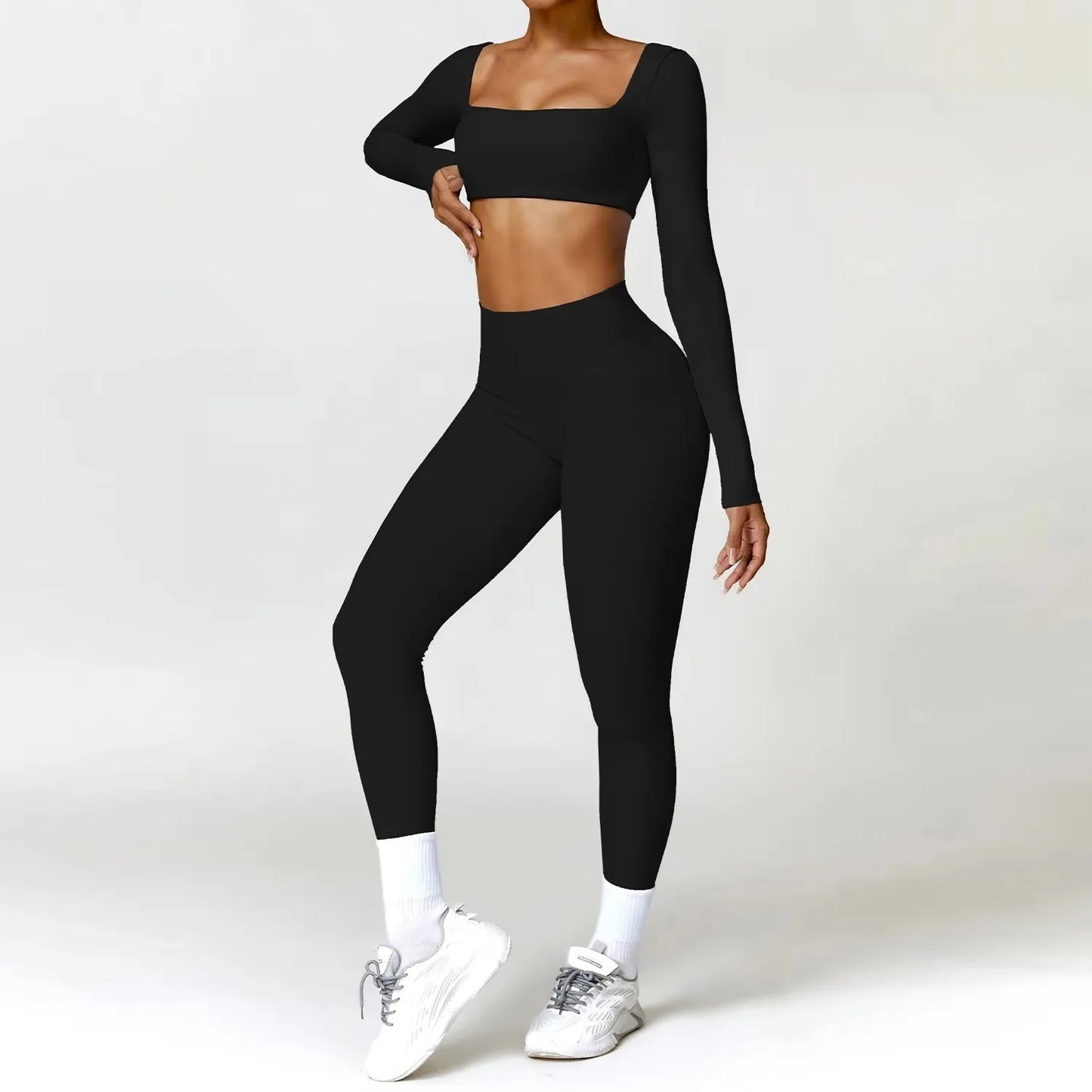 Fato de Treino  2 Peças com Leggings de Ginásio, Top Curto de Manga Comprida