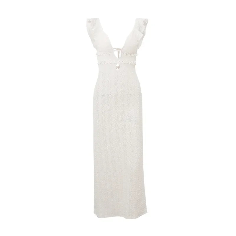 Vestido Longo Sexy , Decote Profundo em V, Sem Mangas, Transparente, Cintura Alta