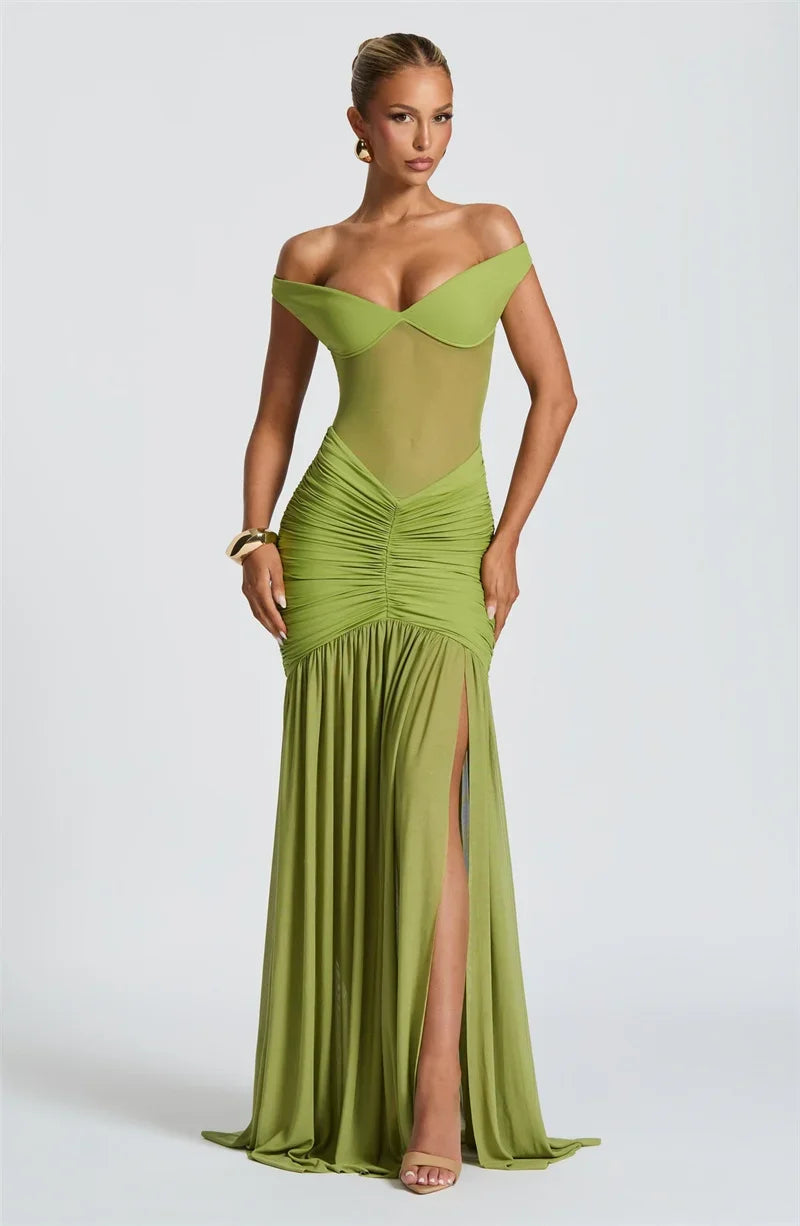Vestido Longo Sexy e Elegante, com Ombros Descobertos, Sem Costas, com Alças ao Pescoço