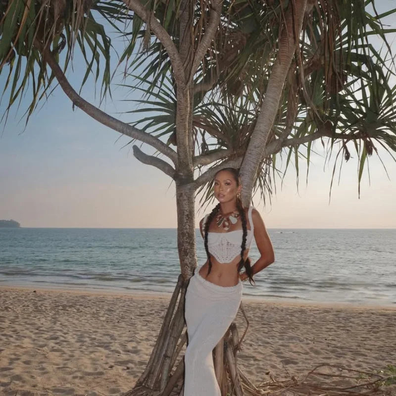 Conjunto de Praia, Top de Biquíni e Saia de Croché, Sexy, Sem Costas, Saia Longa