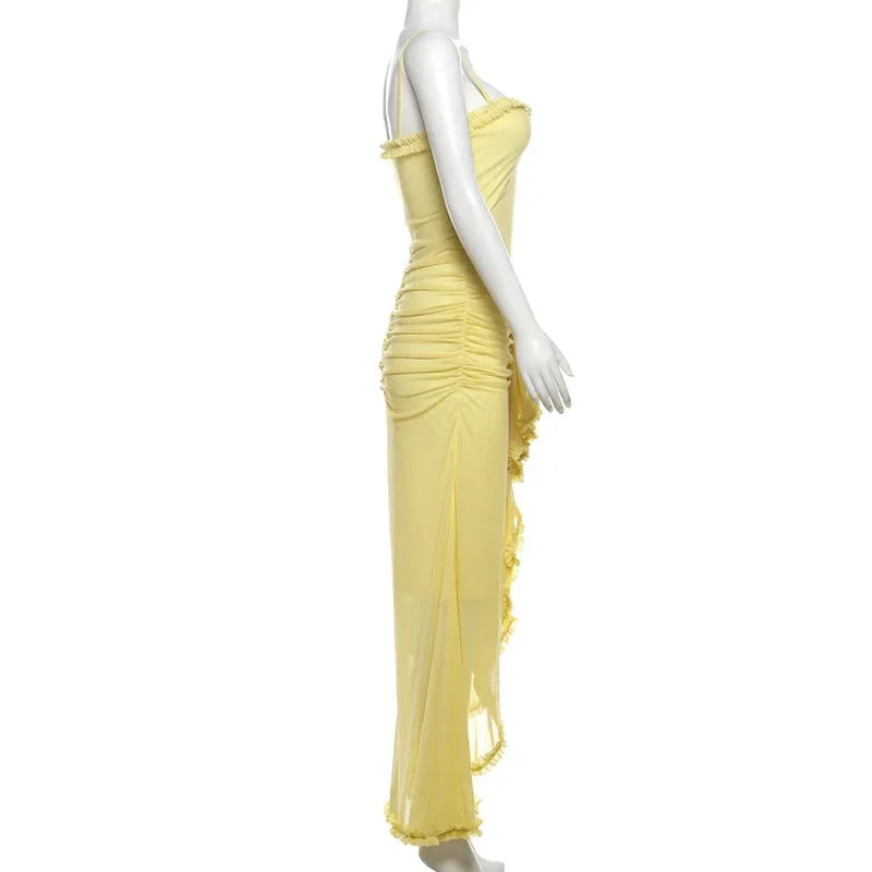 Vestido Longo Elegante, com alças Finas, Barra de Renda, Decote em V