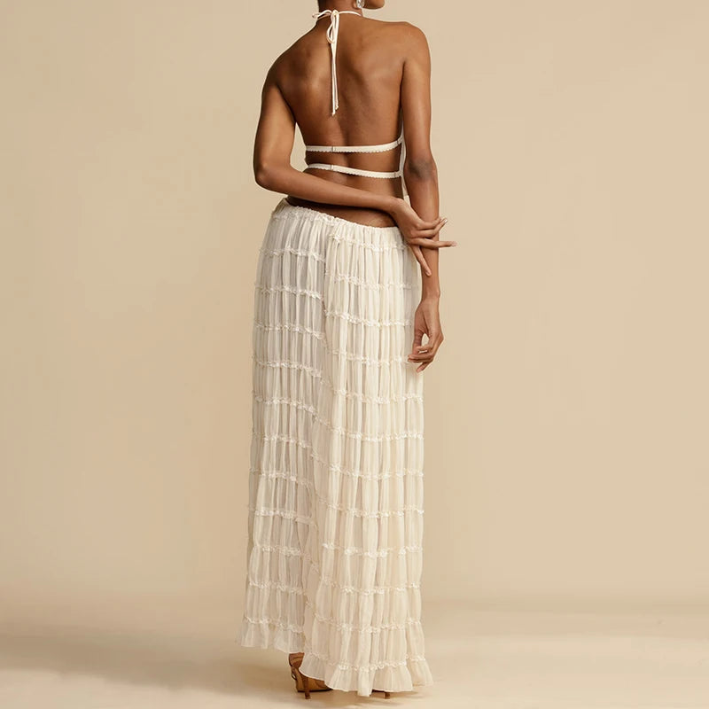 Conjunto 2 Peças, Sem Costas, Estilo Vintage, Top com Franzidos + Saia Longa Maxi