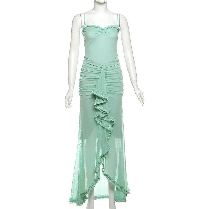 Vestido Longo Elegante, com alças Finas, Barra de Renda, Decote em V