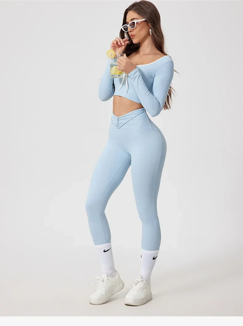 Conjunto de Yoga Sem Costuras Desportivo Calça e Blusa de Manga