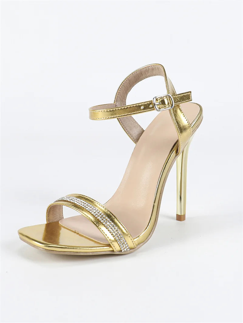 Sandálias com Biqueira Quadrada, Cristais, Estilo Street, Tira com Fivela, Salto Alto Fino, Sapatos Elegantes