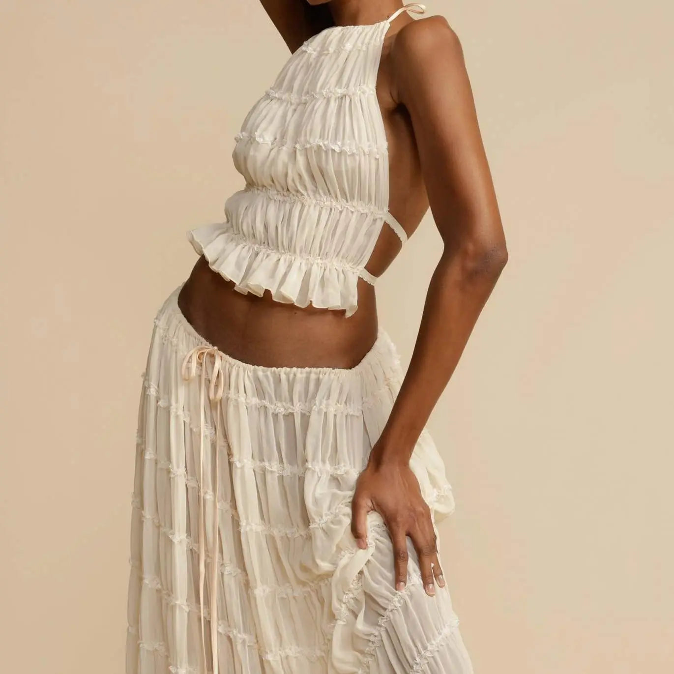 Conjunto 2 Peças, Sem Costas, Estilo Vintage, Top com Franzidos + Saia Longa Maxi