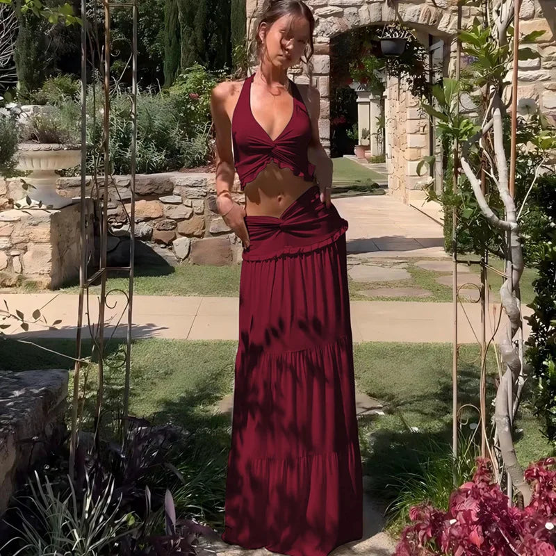 Conjunto Sexy de 2 Peças, Saia Lisa e Longa, Top Curto,Estilo Verão