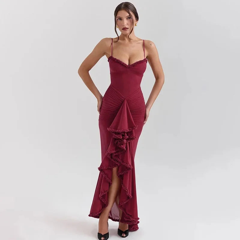 Vestido Longo Elegante, com alças Finas, Barra de Renda, Decote em V