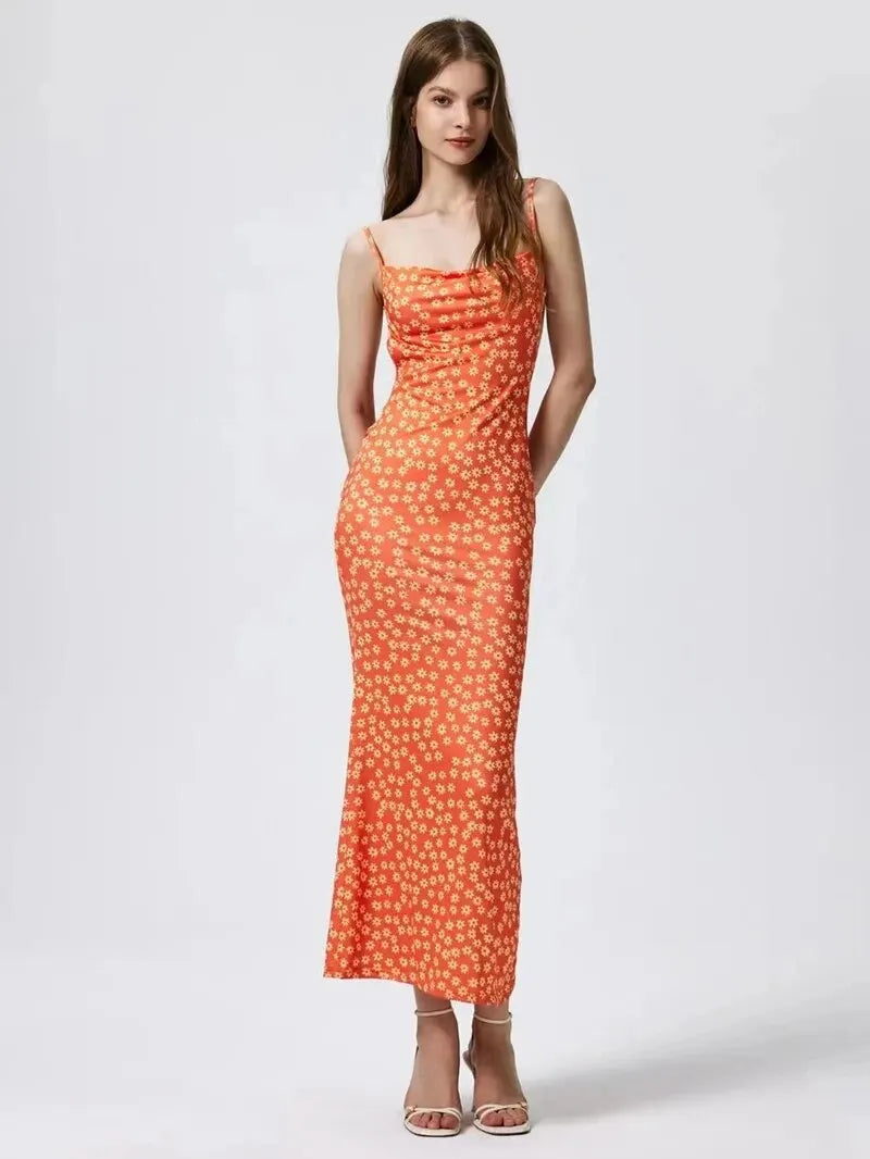 Vestido Longo Floral com Alças Finas, Sem Costas, Estilo Sexy