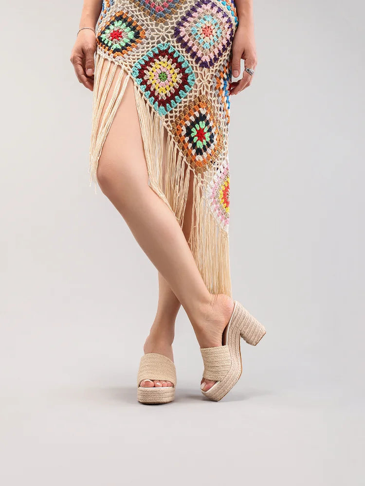 Chinelos de Salto Alto Grosso de Corda Trançada