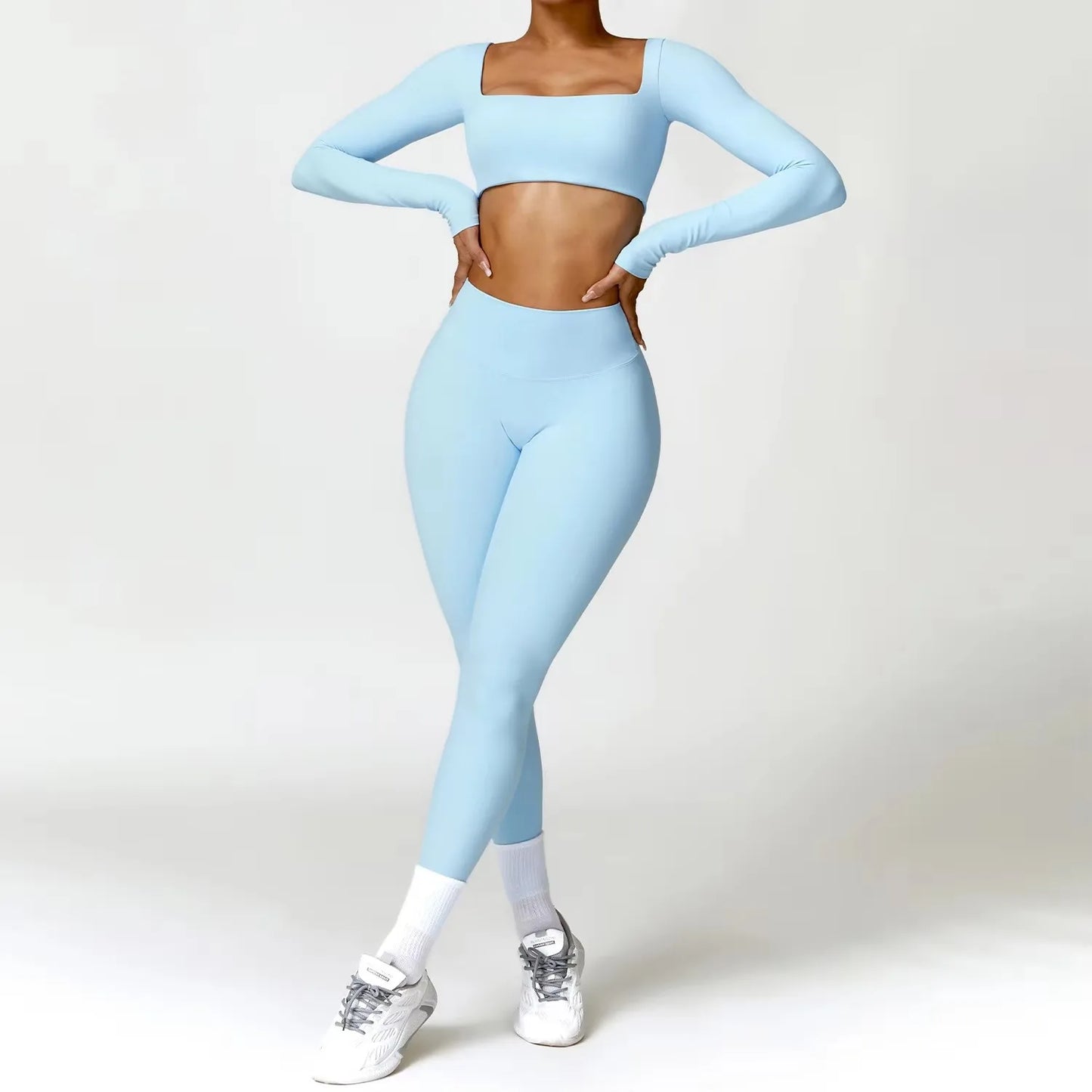 Fato de Treino  2 Peças com Leggings de Ginásio, Top Curto de Manga Comprida